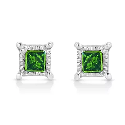 Silver 1/10 Ct Miracle Princess Green Diamond Stud Earrings