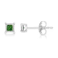 Silver 1/10 Ct Miracle Princess Green Diamond Stud Earrings