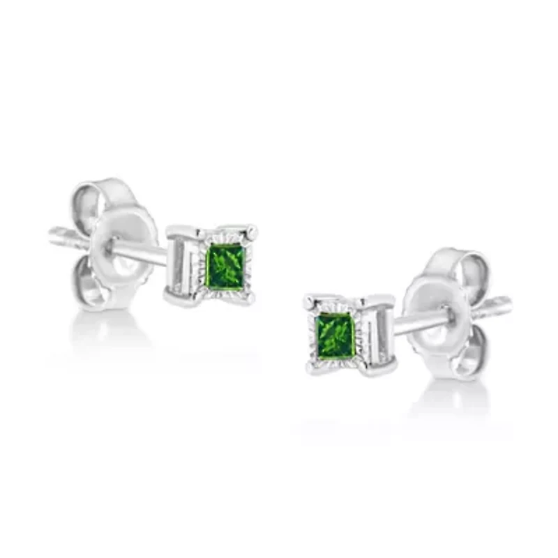 Silver 1/10 Ct Miracle Princess Green Diamond Stud Earrings