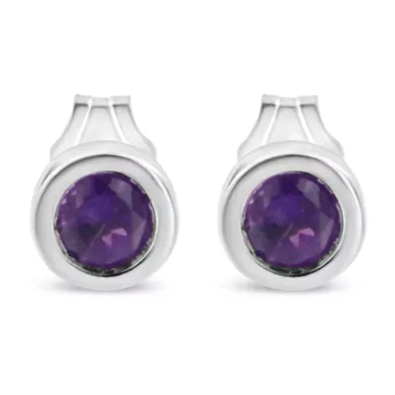 Silver Bezel 3.5mm Purple Amethyst Gemstone Solitaire Stud Earrings