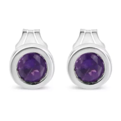 Silver Bezel 3.5mm Purple Amethyst Gemstone Solitaire Stud Earrings