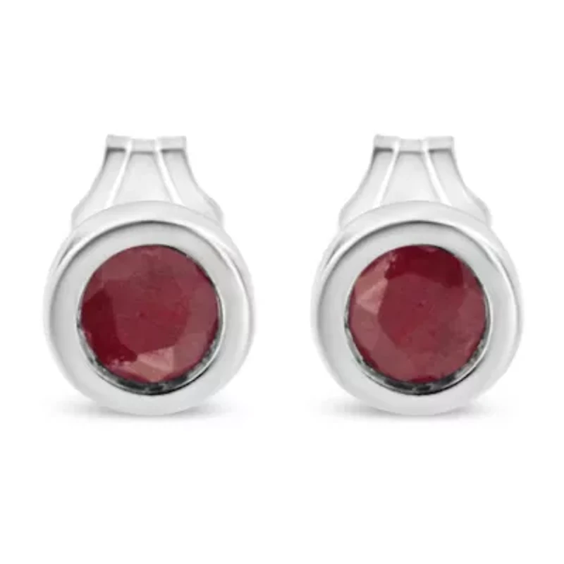Silver Bezel 3.5mm Created Red Garnet Gemstone Solitaire Stud Earrings