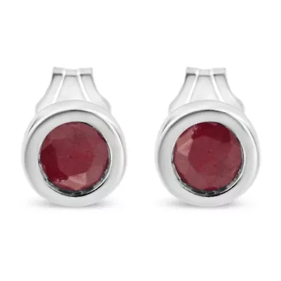 Silver Bezel 3.5mm Created Red Garnet Gemstone Solitaire Stud Earrings