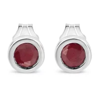 Silver Bezel 3.5mm Created Red Garnet Gemstone Solitaire Stud Earrings