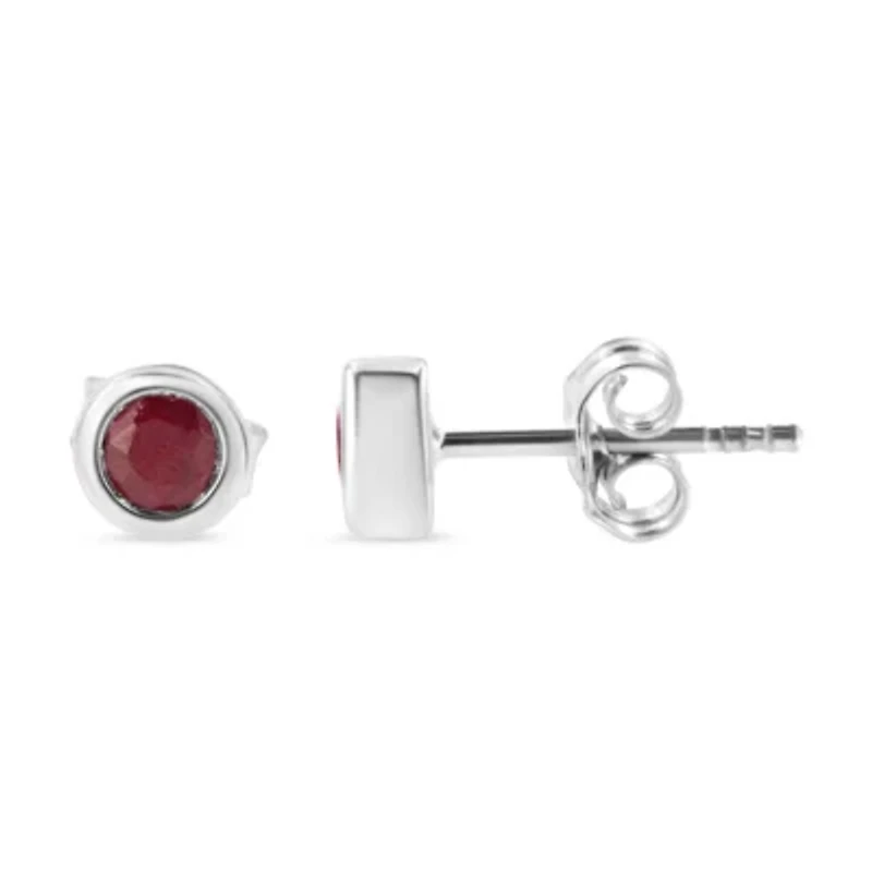 Silver Bezel 3.5mm Created Red Garnet Gemstone Solitaire Stud Earrings