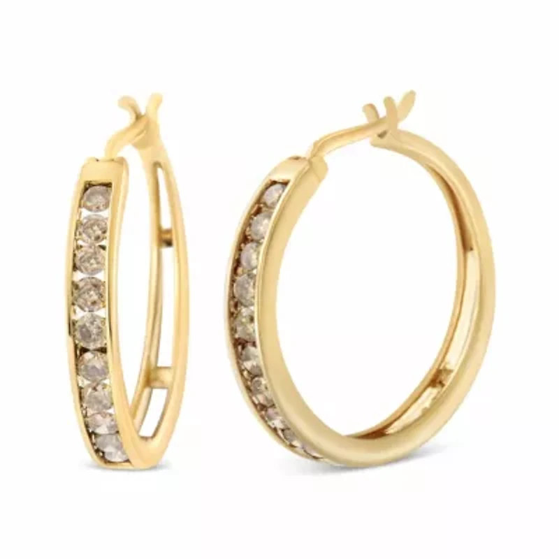 14K Yellow Gold Plated Silver 1.0 CtWt Champagne Diamond Hoop Earrings