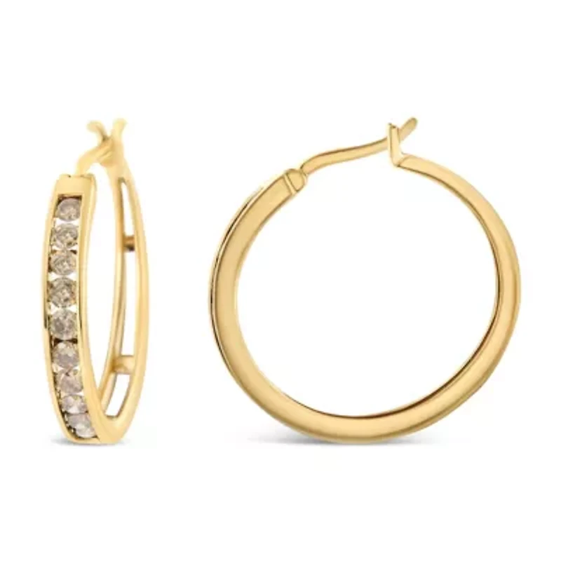 14K Yellow Gold Plated Silver 1.0 CtWt Champagne Diamond Hoop Earrings