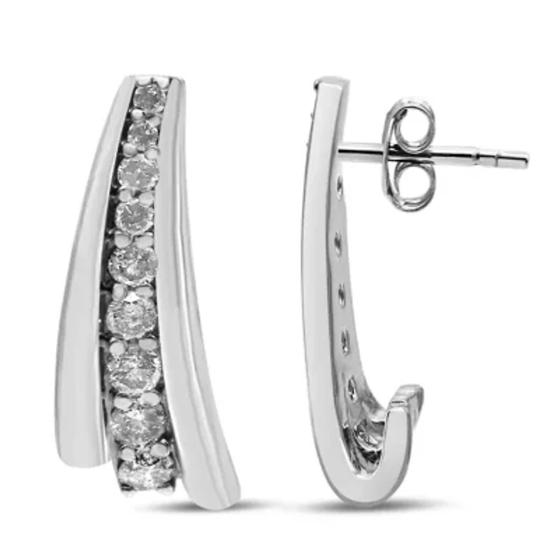 Silver 1 Ct Round Diamond Graduated Huggie Earrings
