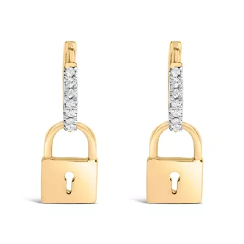 14K Yellow Gold Plated Silver 1/6 Ct Diamond Lock Hoop Earring