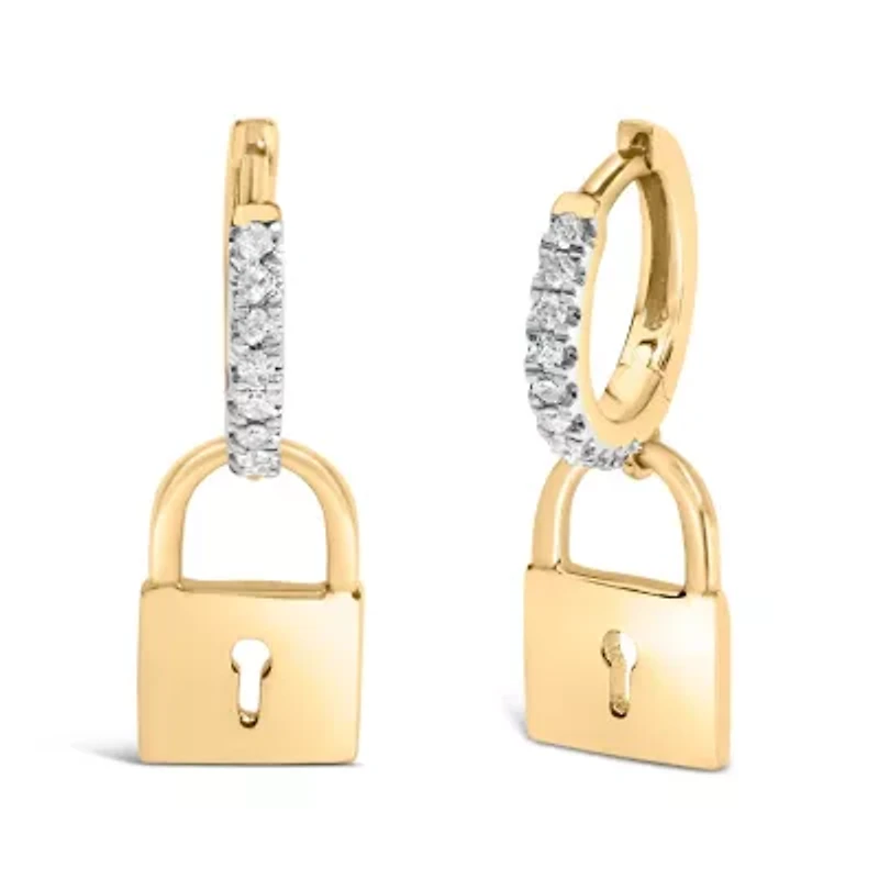 14K Yellow Gold Plated Silver 1/6 Ct Diamond Lock Hoop Earring