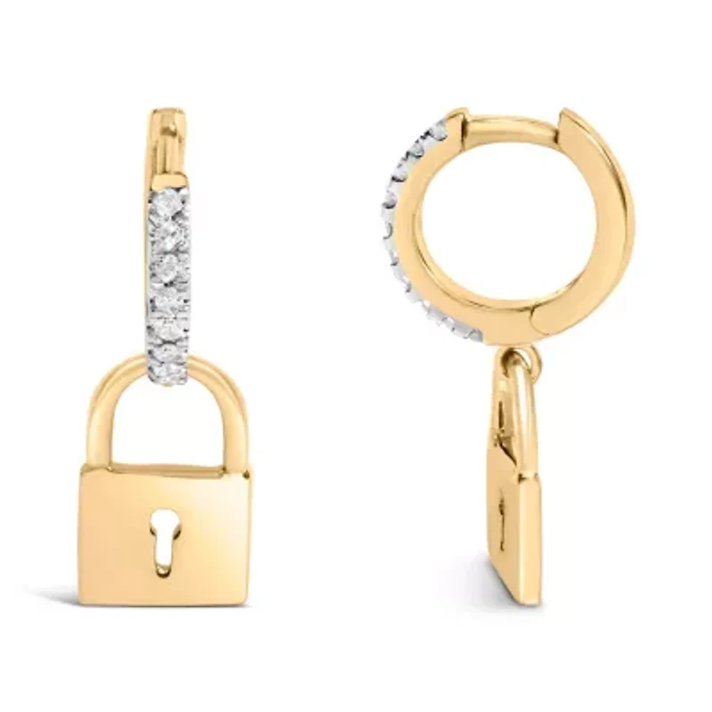 14K Yellow Gold Plated Silver 1/6 Ct Diamond Lock Hoop Earring