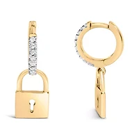 14K Yellow Gold Plated Silver 1/6 Ct Diamond Lock Hoop Earring