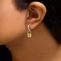 14K Yellow Gold Plated Silver 1/6 Ct Diamond Lock Hoop Earring