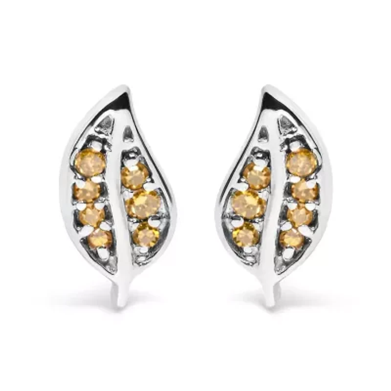Silver Yellow Diamond Accent Leaf Stud Earrings