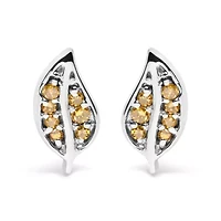 Silver Yellow Diamond Accent Leaf Stud Earrings