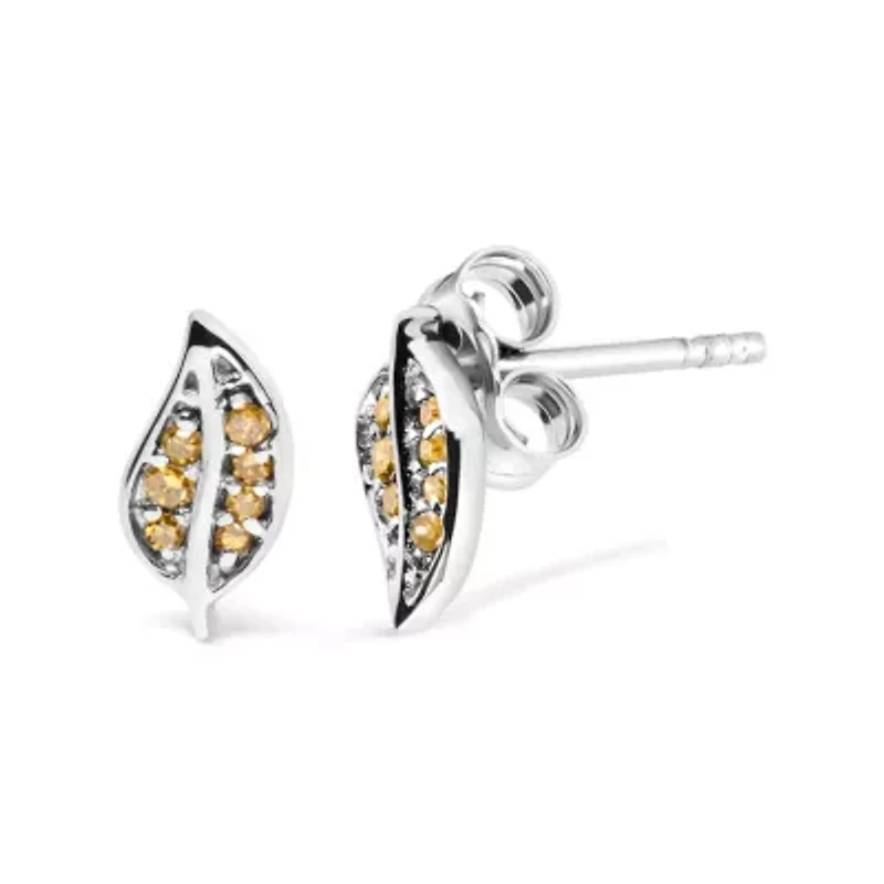 Silver Yellow Diamond Accent Leaf Stud Earrings