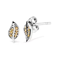 Silver Yellow Diamond Accent Leaf Stud Earrings