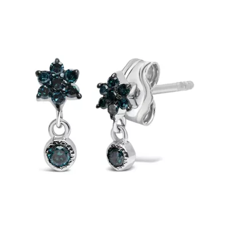 Silver 1/10 Ct Blue Diamond Star Stud with Bezel Drop Dangle Earrings
