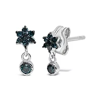 Silver 1/10 Ct Blue Diamond Star Stud with Bezel Drop Dangle Earrings