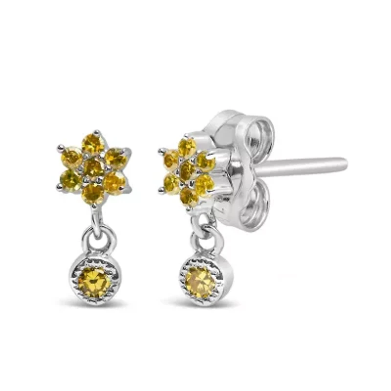 Silver 1/10 Ct Yellow Diamond Star Stud with Bezel Drop Dangle Earrings