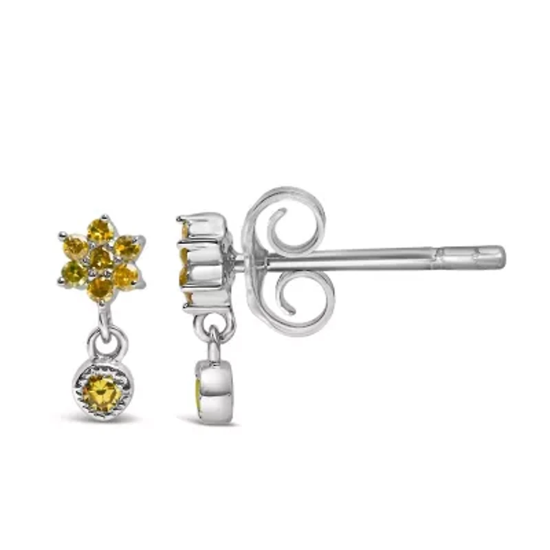 Silver 1/10 Ct Yellow Diamond Star Stud with Bezel Drop Dangle Earrings
