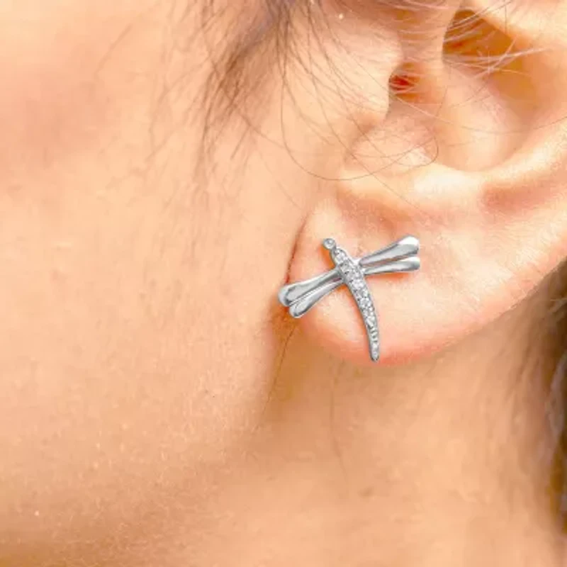 Silver Diamond Accent Dragonfly Stud Earrings
