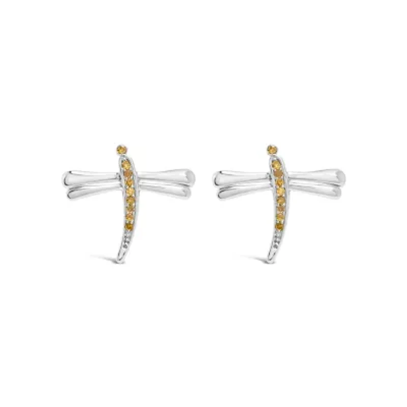 Silver Yellow Diamond Accent Dragonfly Stud Earrings