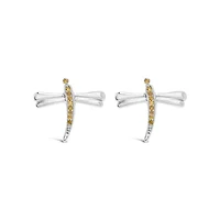 Silver Yellow Diamond Accent Dragonfly Stud Earrings