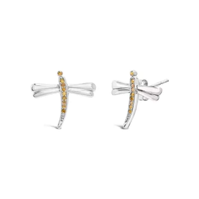 Silver Yellow Diamond Accent Dragonfly Stud Earrings