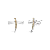 Silver Yellow Diamond Accent Dragonfly Stud Earrings