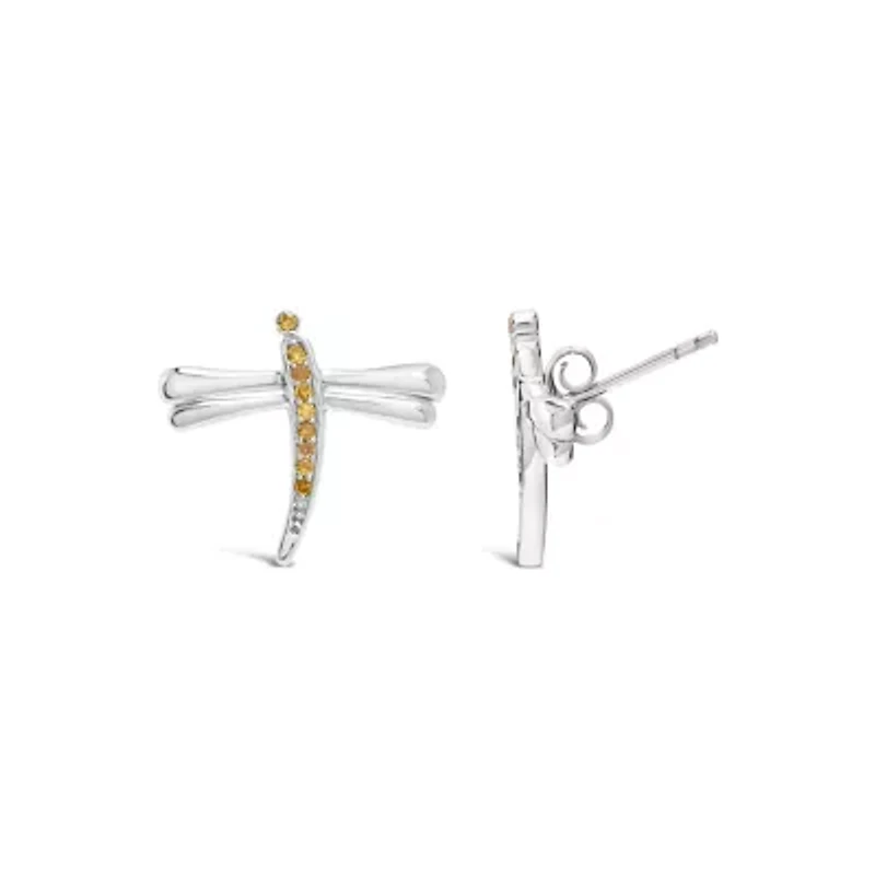 Silver Yellow Diamond Accent Dragonfly Stud Earrings