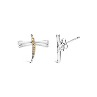 Silver Yellow Diamond Accent Dragonfly Stud Earrings