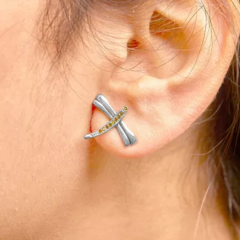 Silver Yellow Diamond Accent Dragonfly Stud Earrings