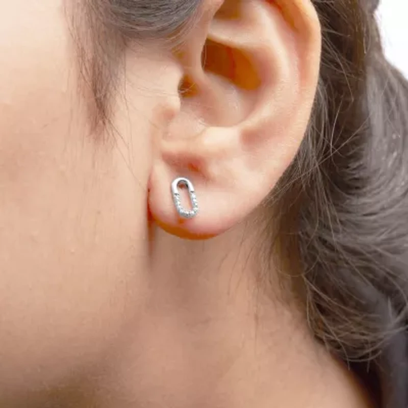 925 Sterling Silver 1/10 Diamond Diamond Paperclip Stud Earrings