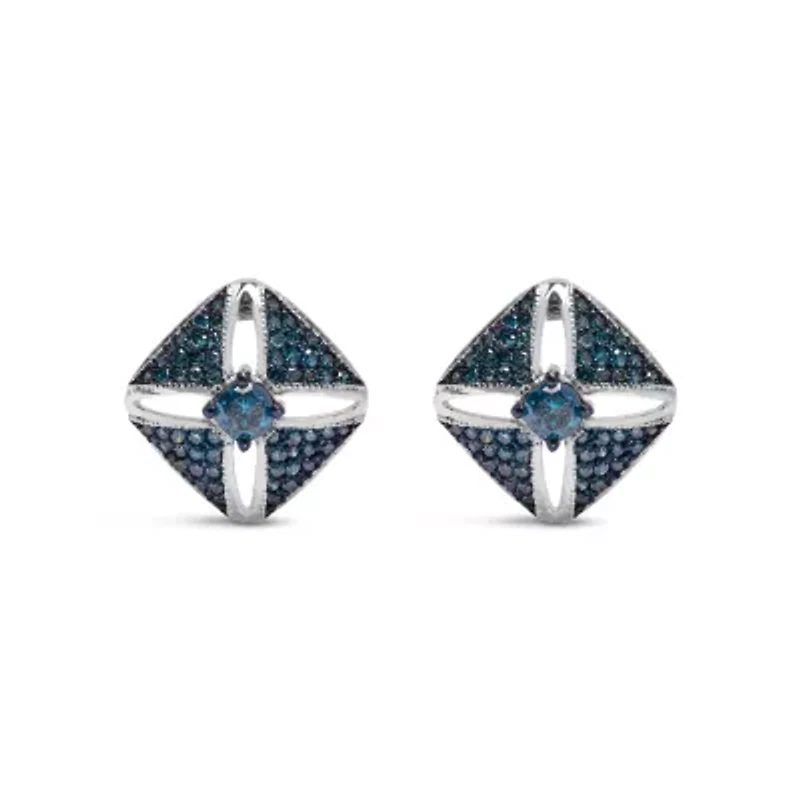 Silver 1.0 Ct Blue Diamond Studded Rhombus Stud Earring