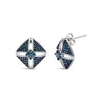 Silver 1.0 Ct Blue Diamond Studded Rhombus Stud Earring