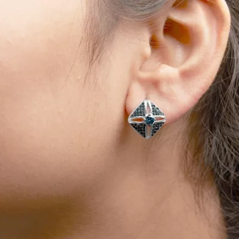 Silver 1.0 Ct Blue Diamond Studded Rhombus Stud Earring