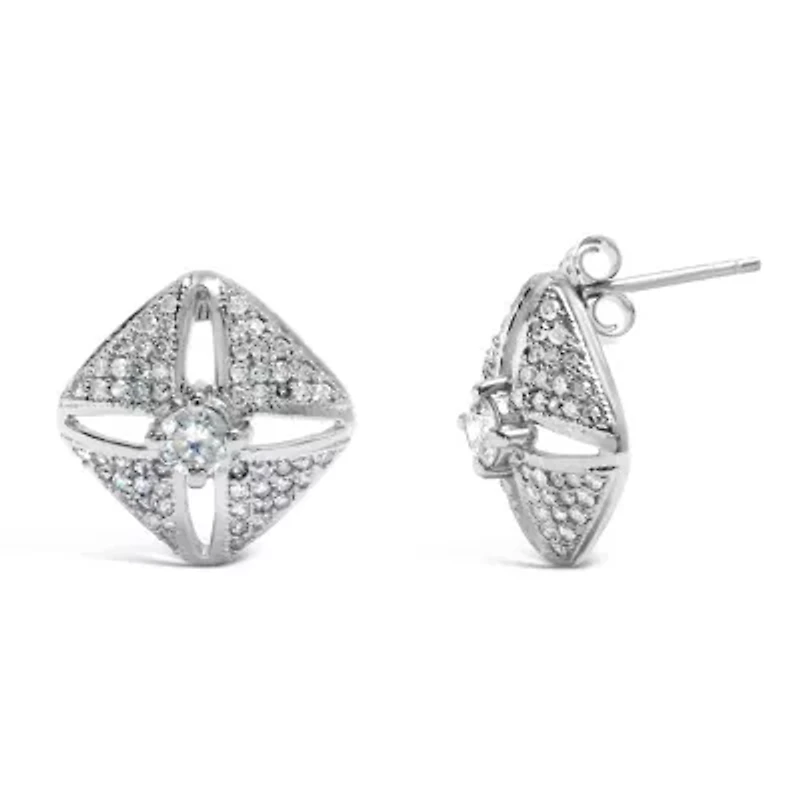 Silver 1.0 Ct Diamond Studded Rhombus Stud Earring