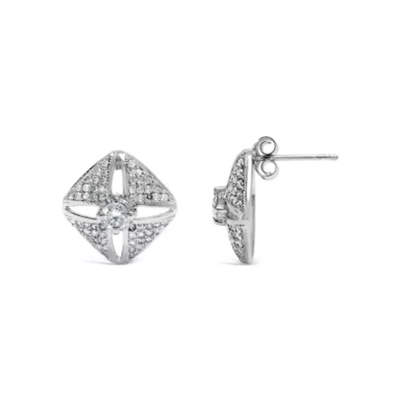 Silver 1.0 Ct Diamond Studded Rhombus Stud Earring