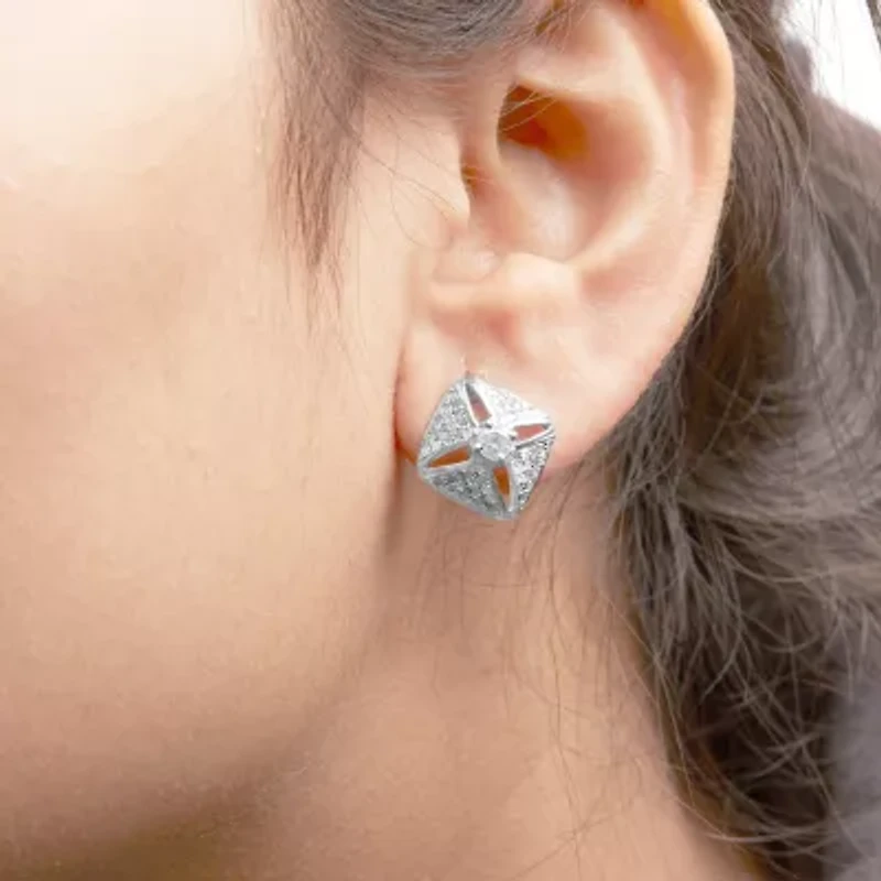 Silver 1.0 Ct Diamond Studded Rhombus Stud Earring