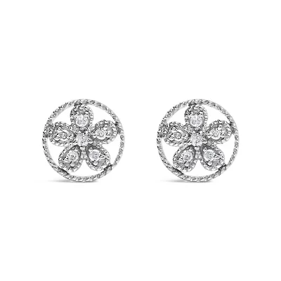Silver Diamond Accent Star and Wheel Milgrain Style Stud Earrings