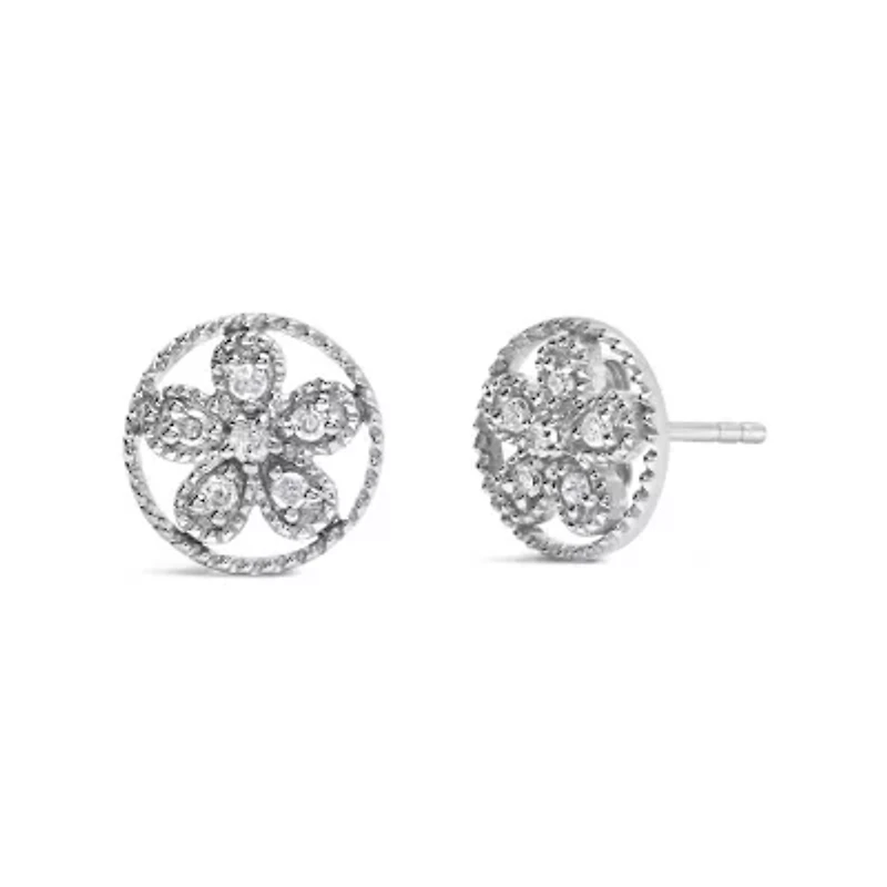 Silver Diamond Accent Star and Wheel Milgrain Style Stud Earrings