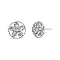 Silver Diamond Accent Star and Wheel Milgrain Style Stud Earrings