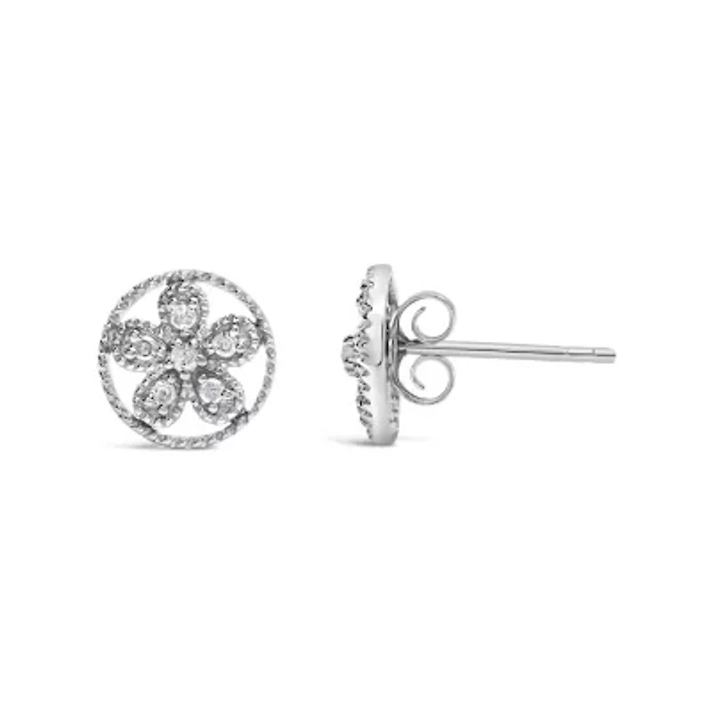 Silver Diamond Accent Star and Wheel Milgrain Style Stud Earrings