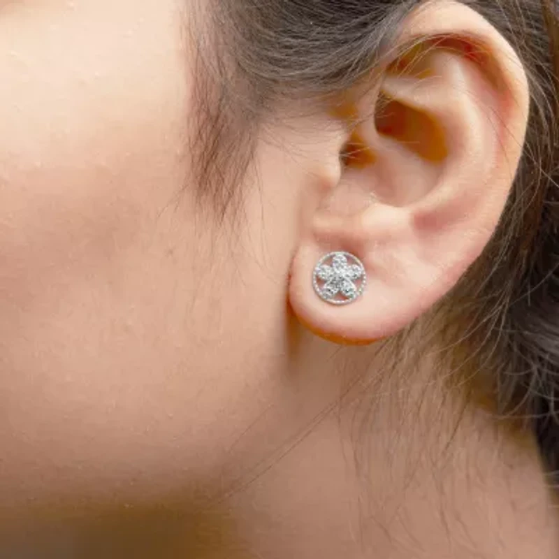Silver Diamond Accent Star and Wheel Milgrain Style Stud Earrings
