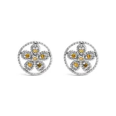 Silver Yellow Diamond Accent Star and Wheel Milgrain Style Stud Earrings