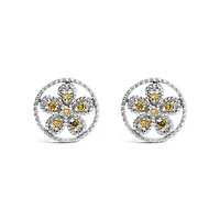 Silver Yellow Diamond Accent Star and Wheel Milgrain Style Stud Earrings