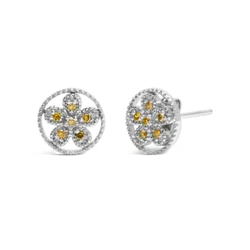 Silver Yellow Diamond Accent Star and Wheel Milgrain Style Stud Earrings