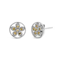 Silver Yellow Diamond Accent Star and Wheel Milgrain Style Stud Earrings