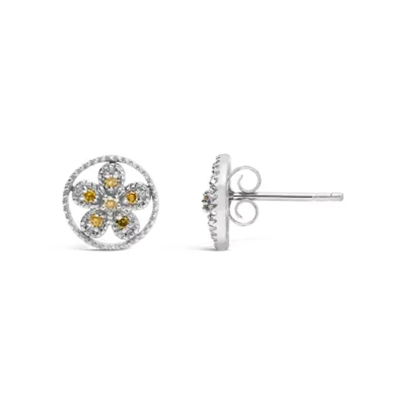 Silver Yellow Diamond Accent Star and Wheel Milgrain Style Stud Earrings
